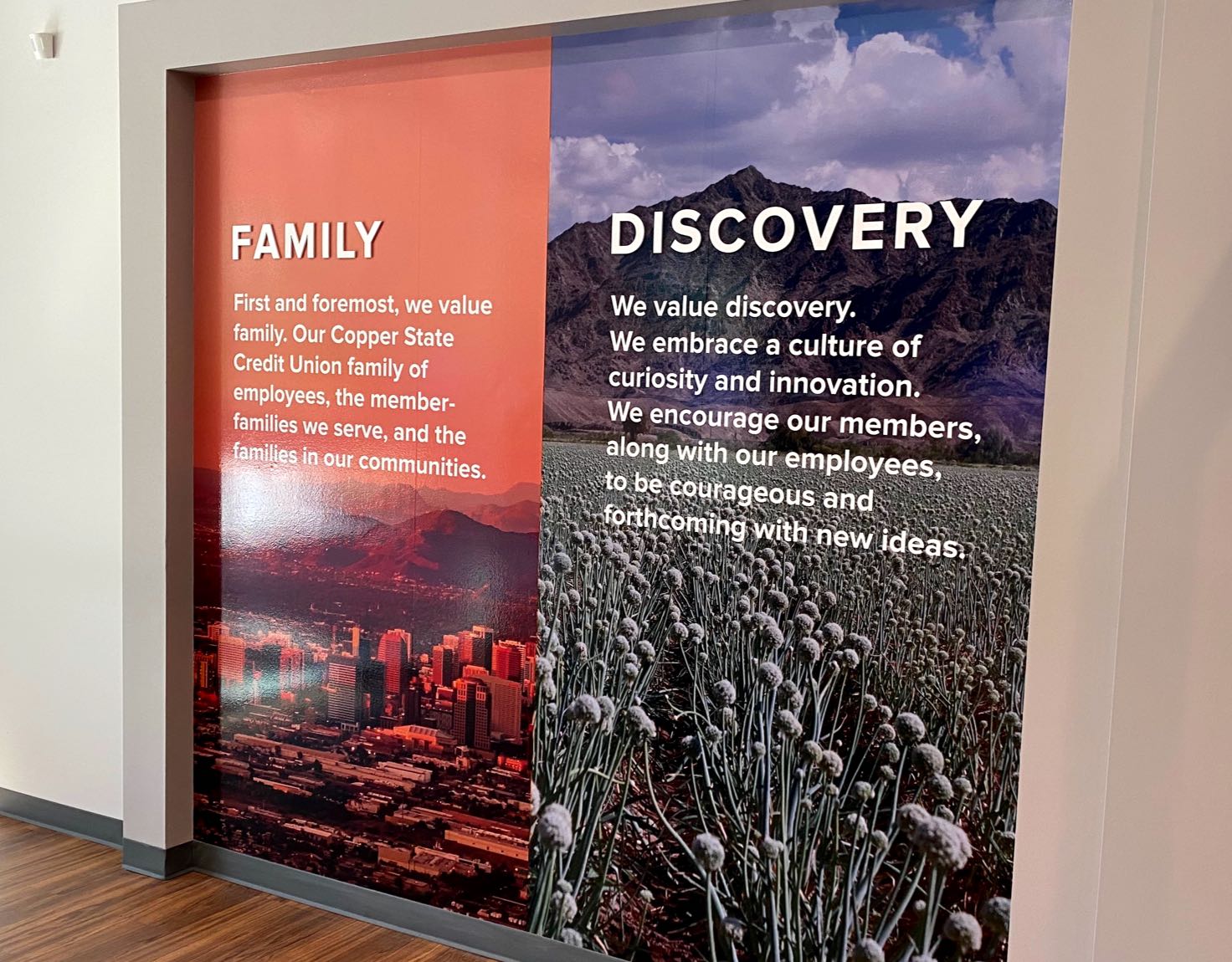 A wall displaying two murals about "Family" and "Discovery".