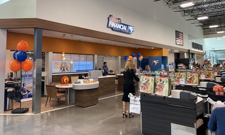 A bank lobby within a grocery store.