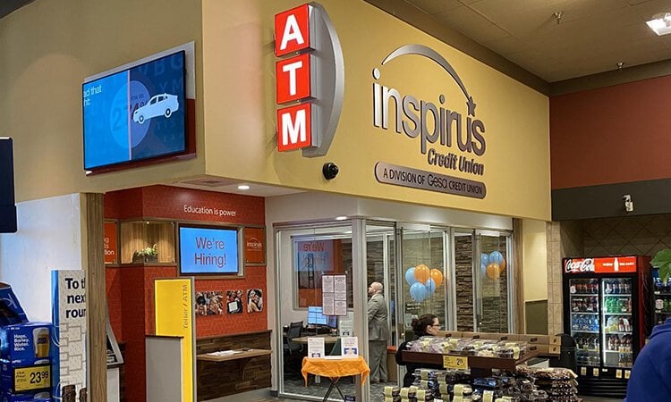 A bank lobby inside a mall.