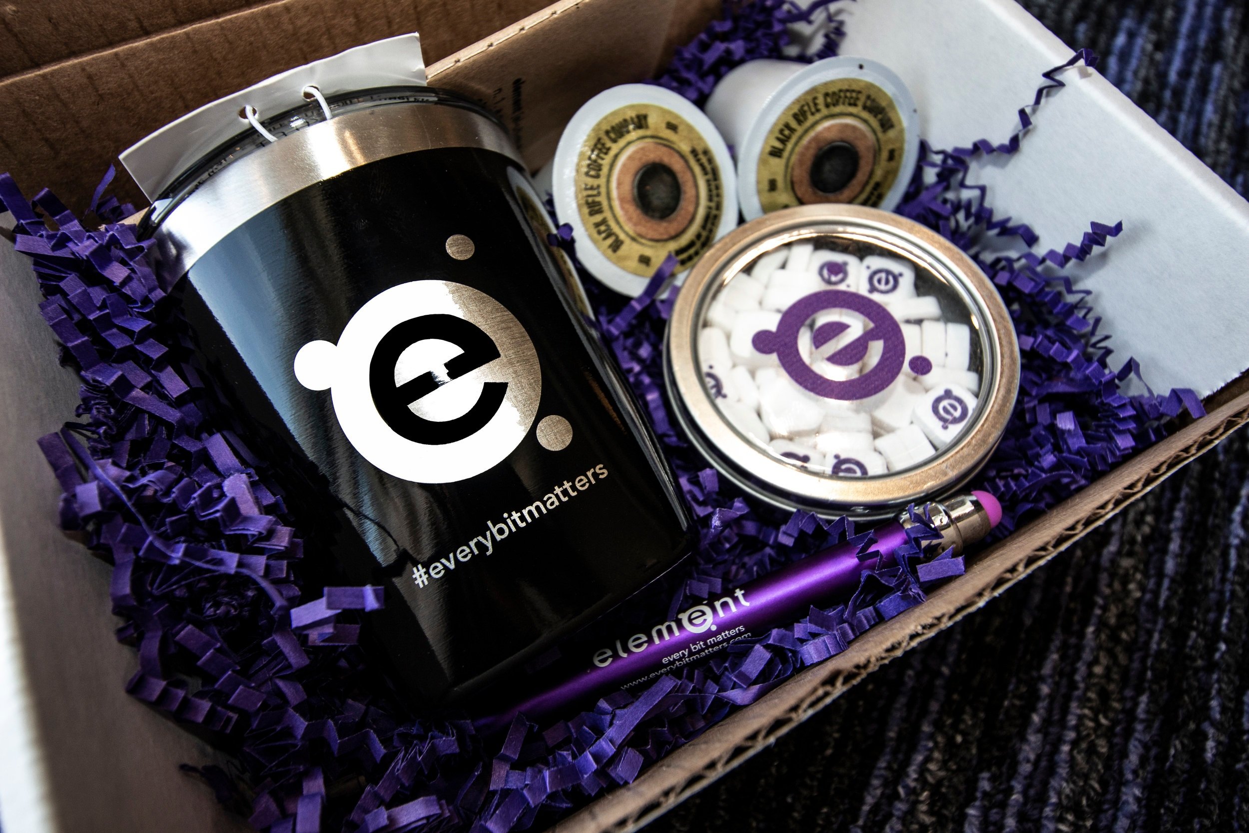 A box of element swag.