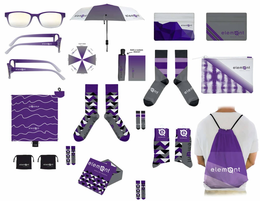 Element giveaway ideas such as branded bags, socks, umbrellas, etc.
