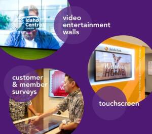 image depicting ideas for digital signage use in banks, including touch screens and video entertainment walls