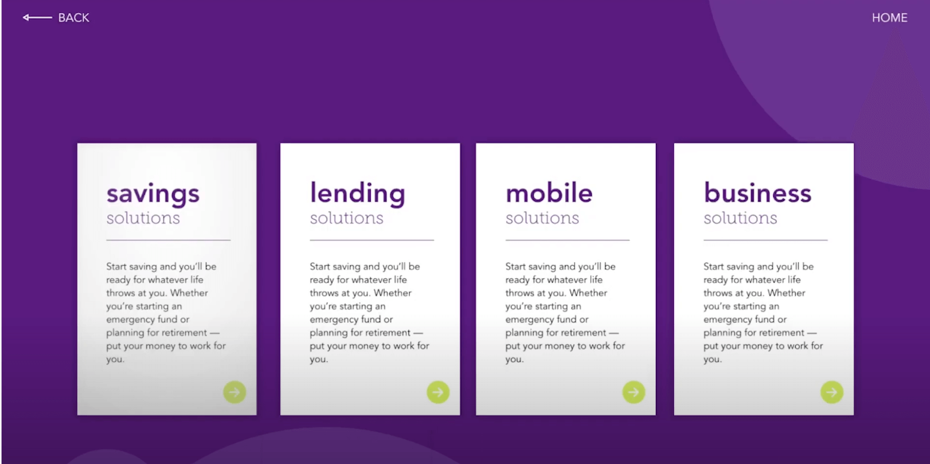 A digital brochure display screen featuring four white rectangles over a purple background, each representing a brochure category: “Savings,” “Lending,” “Mobile,” and “Business.”