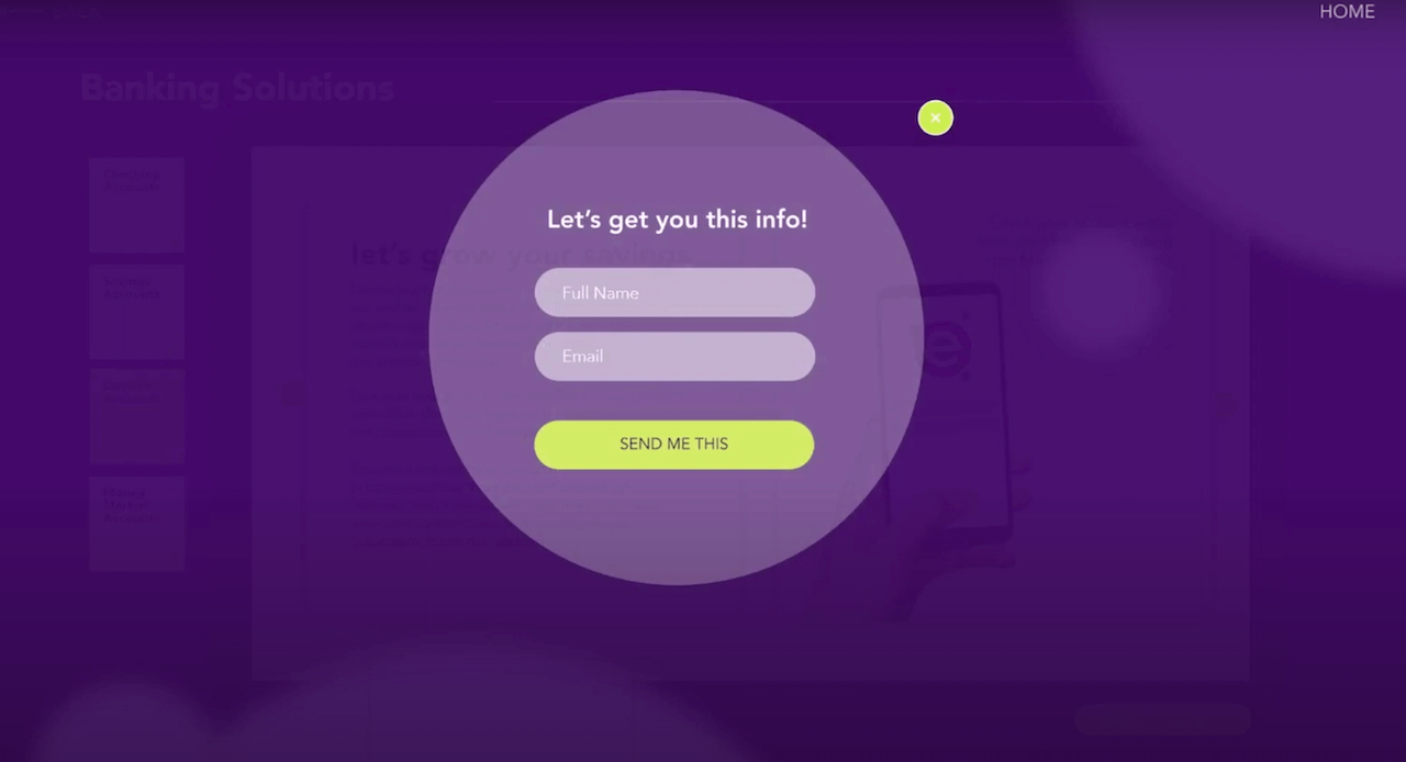 A pale purple circle over a dark purple background. The circle contains the title “Let’s get you this info!”, form fields that ask the user for their full name and email address, and a bright green button that reads “Send Me This.” 