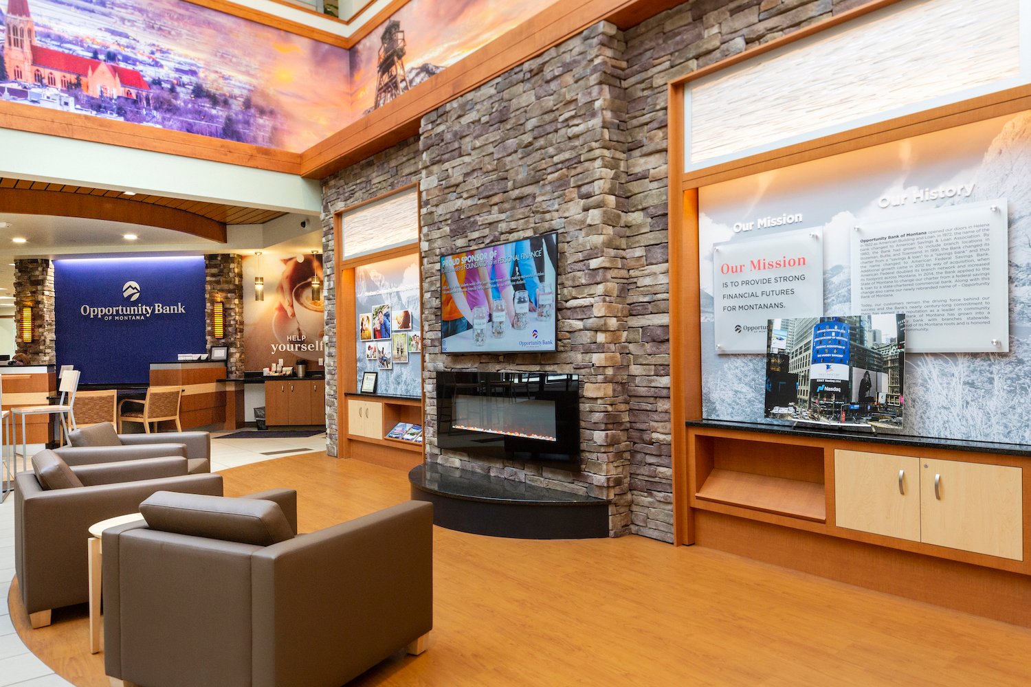 Image of the waiting area inside Opportunity Bank in Helena, Montana, which displays the company's mission and history.