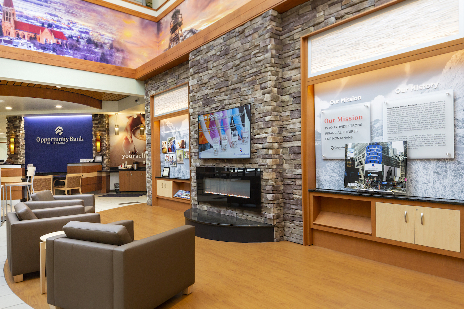 Image of the waiting area inside Opportunity Bank in Helena, Montana, which displays the company's mission and history.