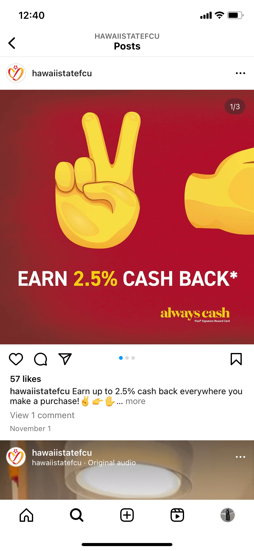 A-graphic-of-a-hand-displaying-the-peace-sign-with-the-text-'EARN-2.5%-CASH-BACK'-from-Hawaii-State-Federal-Credit-Union,-advertised-on-credit-union-and-bank-social-media-channels.
