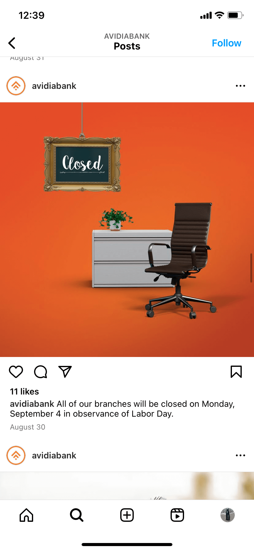 A-creative-'Closed'-sign-hanging-over-an-empty-office-chair-and-desk-set-against-an-orange-backdrop,-posted-by-Avidia-Bank-on-its-bank-social-media-account-for-a-holiday-closure-announcement.