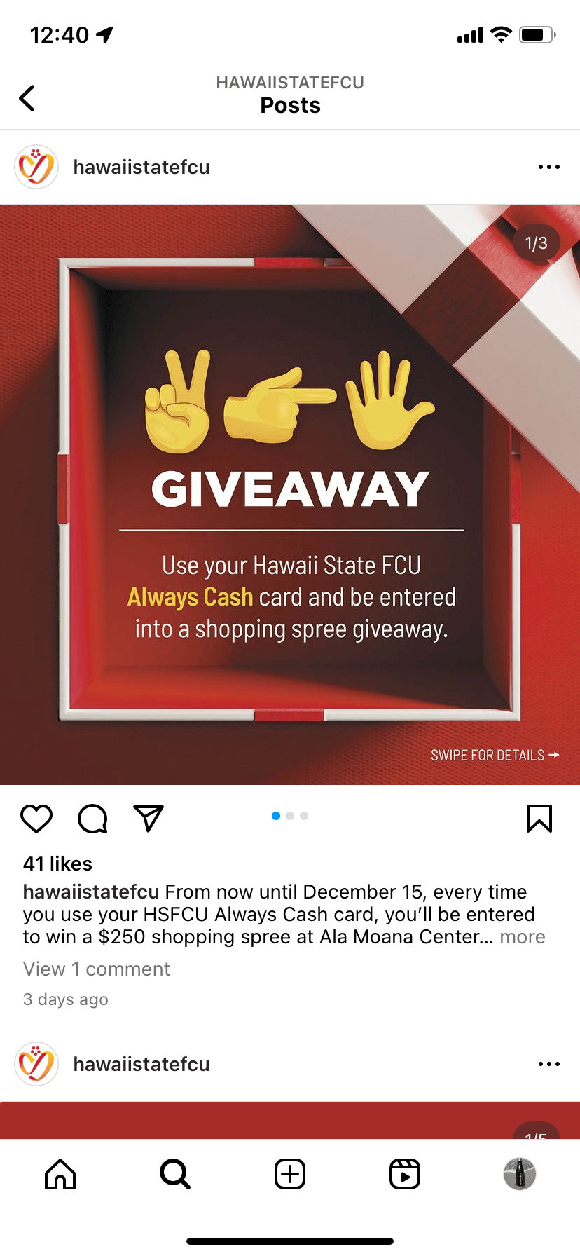Promotional-image-for-a-giveaway-by-Hawaii-State-Federal-Credit-Union-featuring-hand-gesture-graphics-and-details-about-using-the-Always-Cash-card,-shared-on-credit-union-and-bank-social-media.