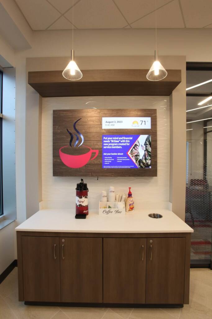 Ridge View Bank Smith Mountain Lake coffee bar with digital display, and self-serve coffee station.