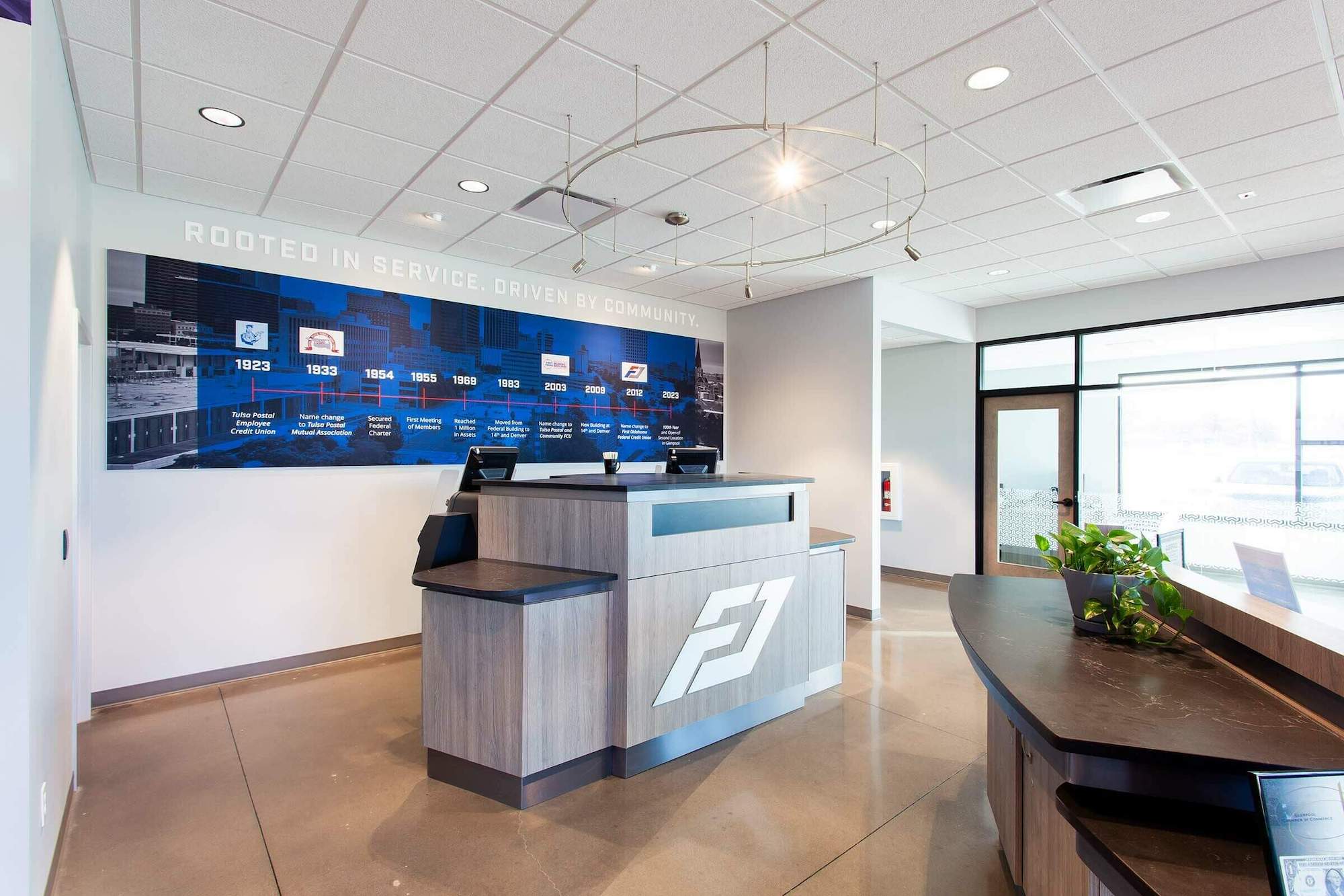 bank teller desk in the middle of a bank