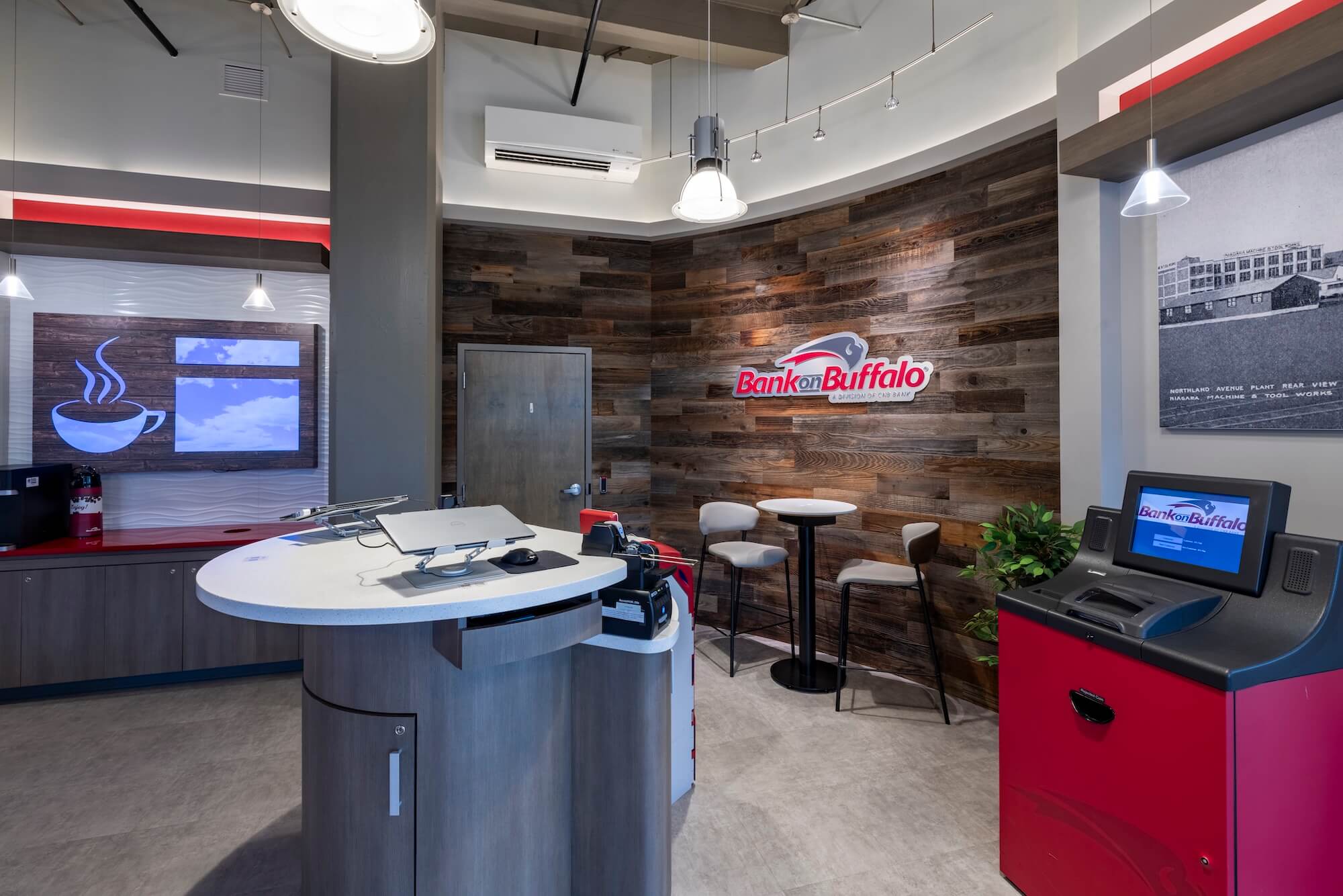 bank lobby wood walls